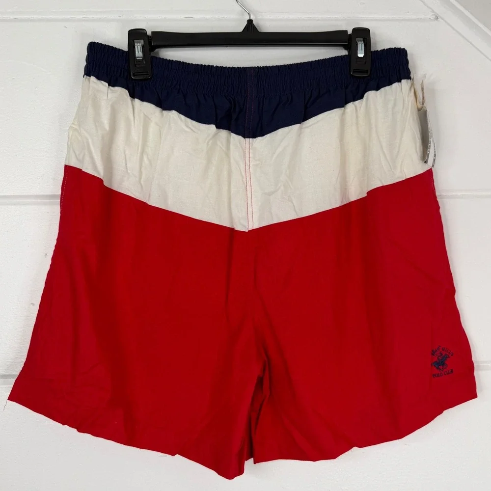 VTG Y2K Beverly Hills Polo Club Swim Trunks Lined Large Deadstock Red White Blue